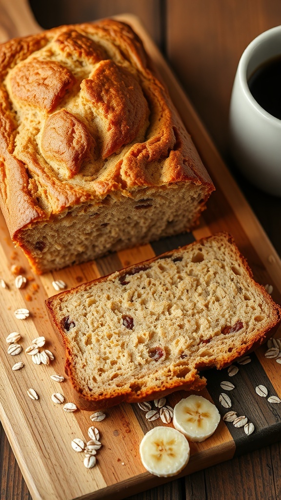 Sliced banana oat bread on a wooden board with banana slices and oats.
